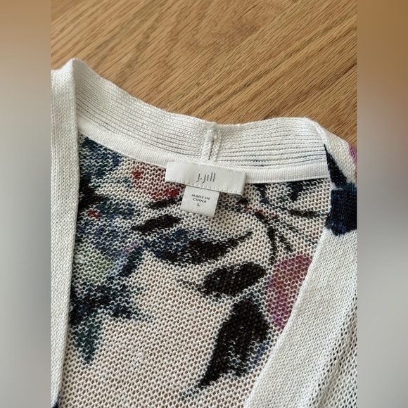 J. Jill Linen Longline Open Front Loose Knit Cardigan Coastal White Floral Large - Picture 3 of 7